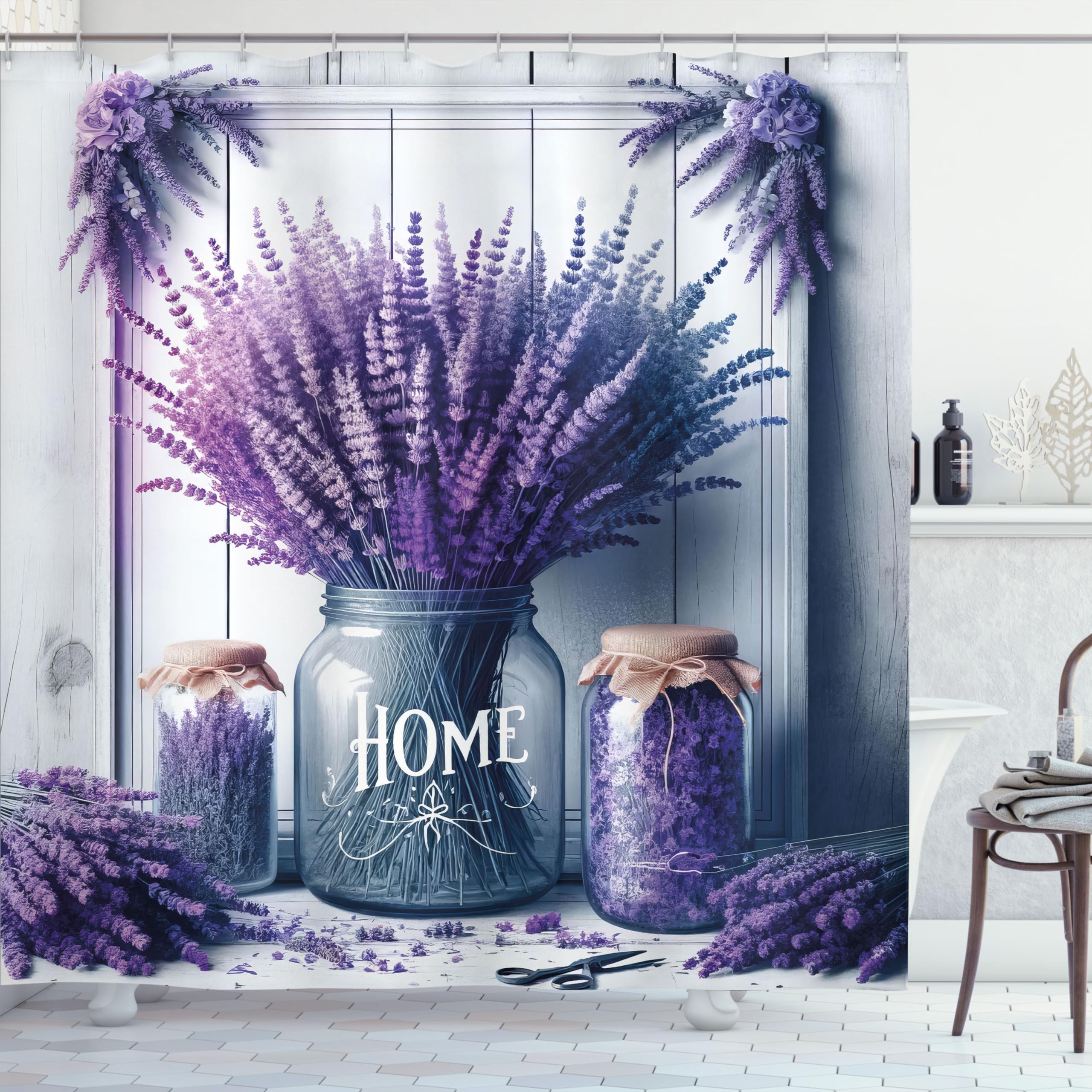 Ambesonne Purple Shower Curtain, Home Lettering With Lavenders In Jars And A Weathered Wooden Background, Cloth Fabric Bathroom